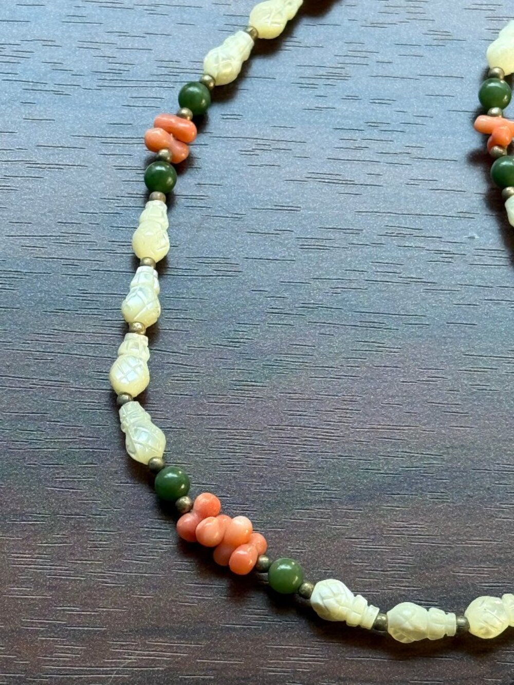 Carved Mother of Pearl, Jade, and Coral Necklace Vintage Hippie Revival